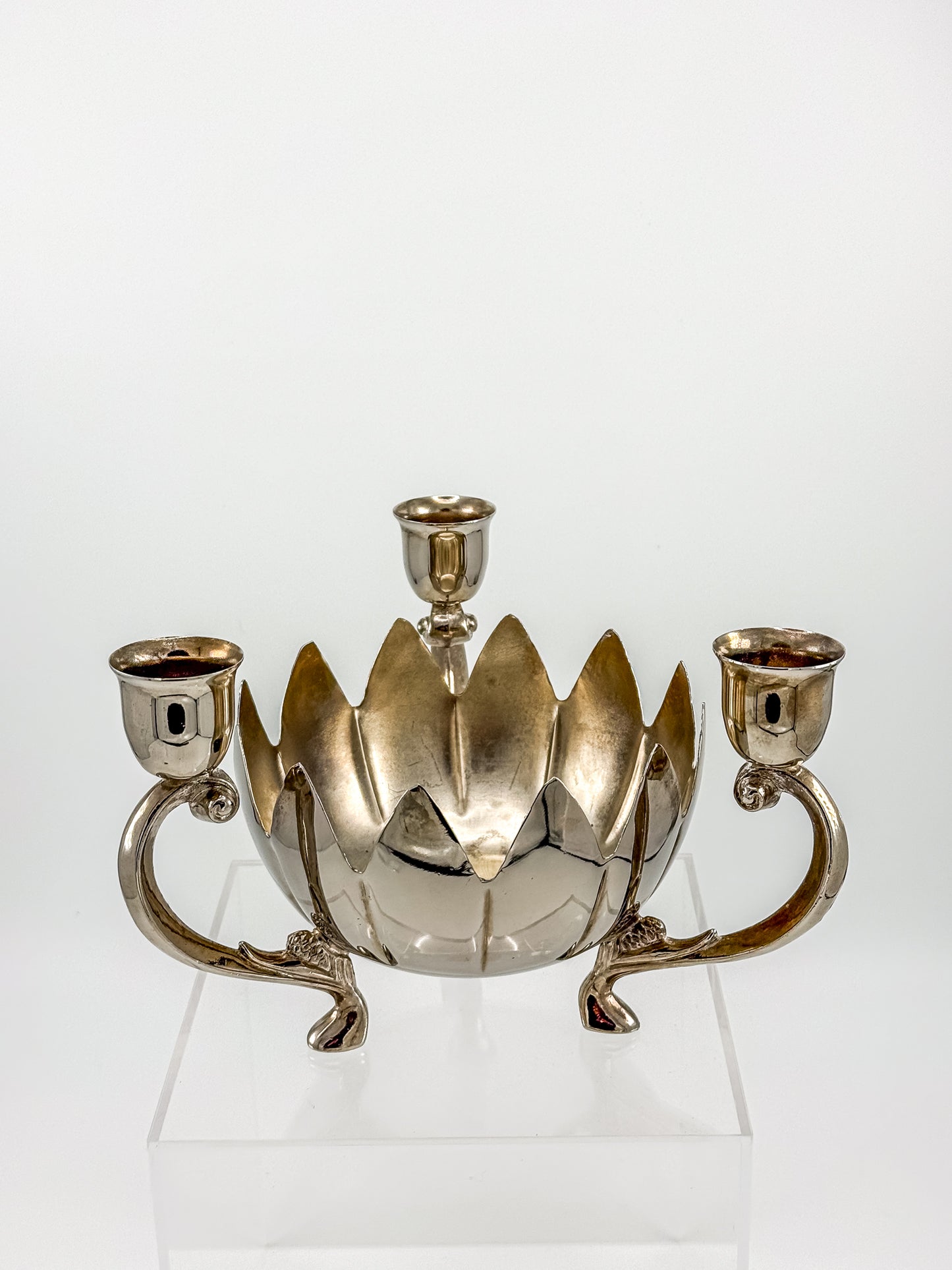 Vintage Silver-Plated Lotus Flower Bowl Candelabra with Three Candle Cups and Scroll Arms
