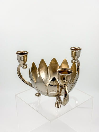 Vintage Silver-Plated Lotus Flower Bowl Candelabra with Three Candle Cups and Scroll Arms