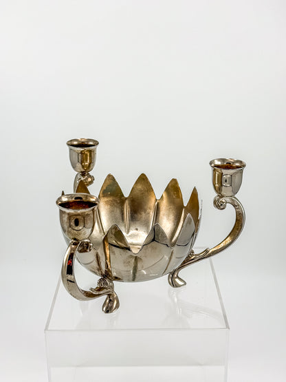 Vintage Silver-Plated Lotus Flower Bowl Candelabra with Three Candle Cups and Scroll Arms