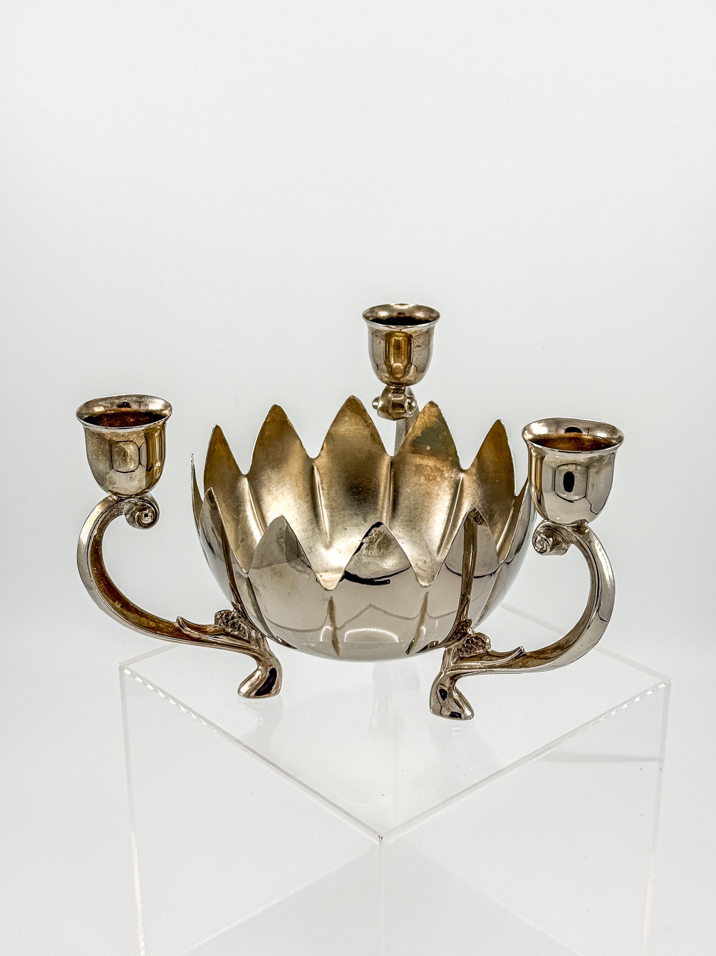 Vintage Silver-Plated Lotus Flower Bowl Candelabra with Three Candle Cups and Scroll Arms