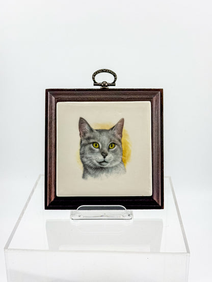 Vintage Gray Cat Portrait Ceramic Tile Wall Plaque in Dark Wood Frame, Holiday House Manitowoc WI