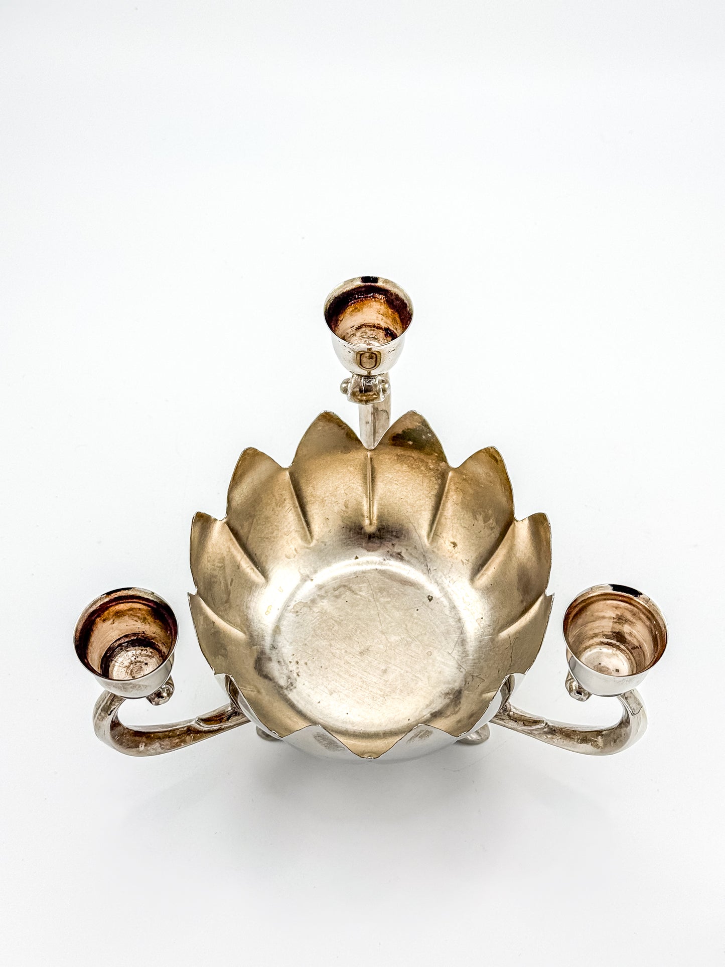 Vintage Silver-Plated Lotus Flower Bowl Candelabra with Three Candle Cups and Scroll Arms