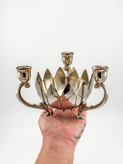 Vintage Silver-Plated Lotus Flower Bowl Candelabra with Three Candle Cups and Scroll Arms