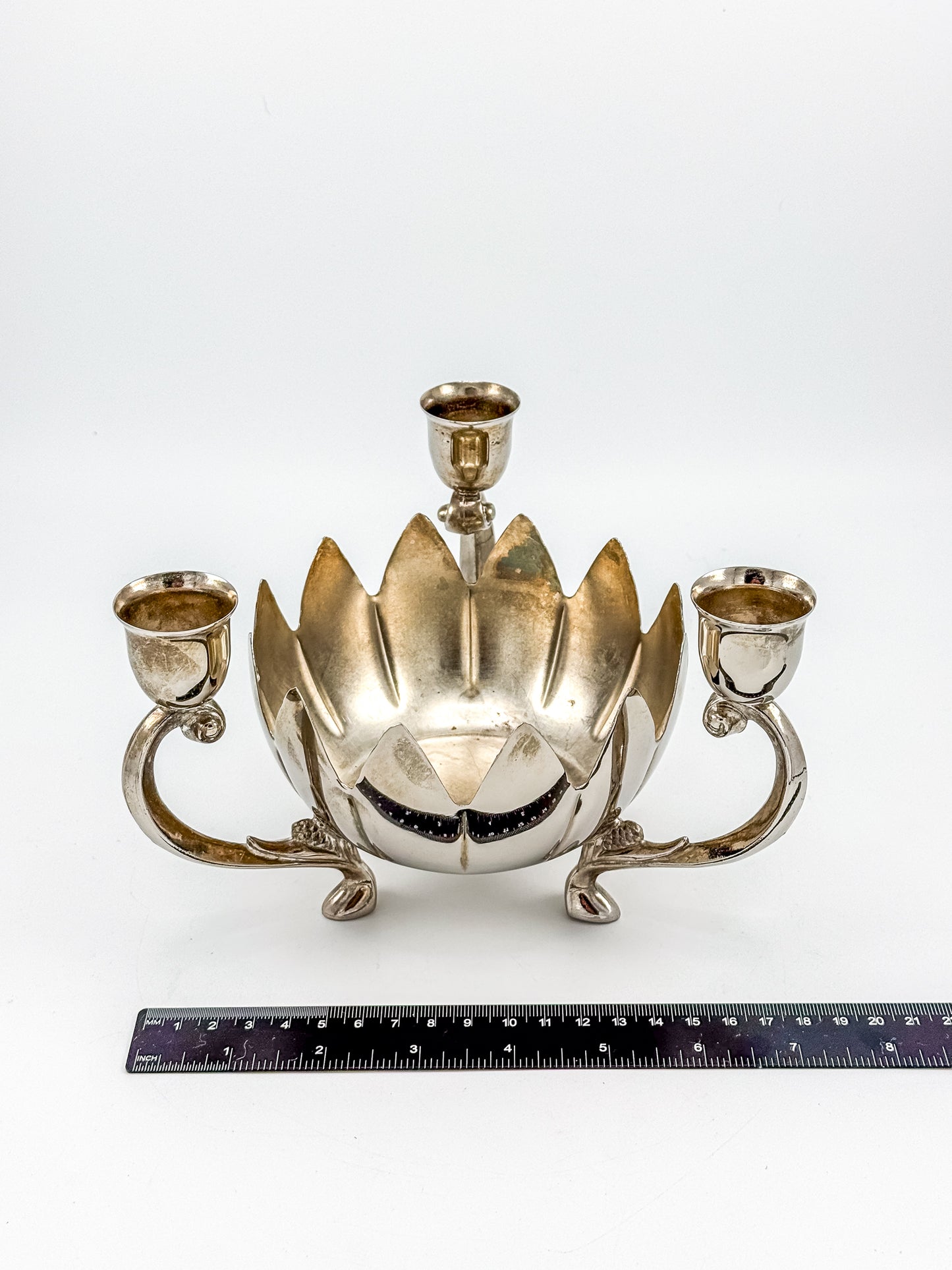 Vintage Silver-Plated Lotus Flower Bowl Candelabra with Three Candle Cups and Scroll Arms
