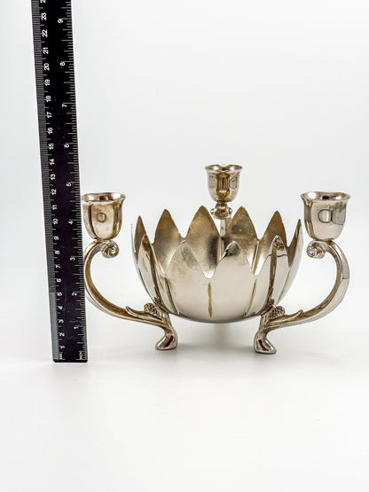 Vintage Silver-Plated Lotus Flower Bowl Candelabra with Three Candle Cups and Scroll Arms