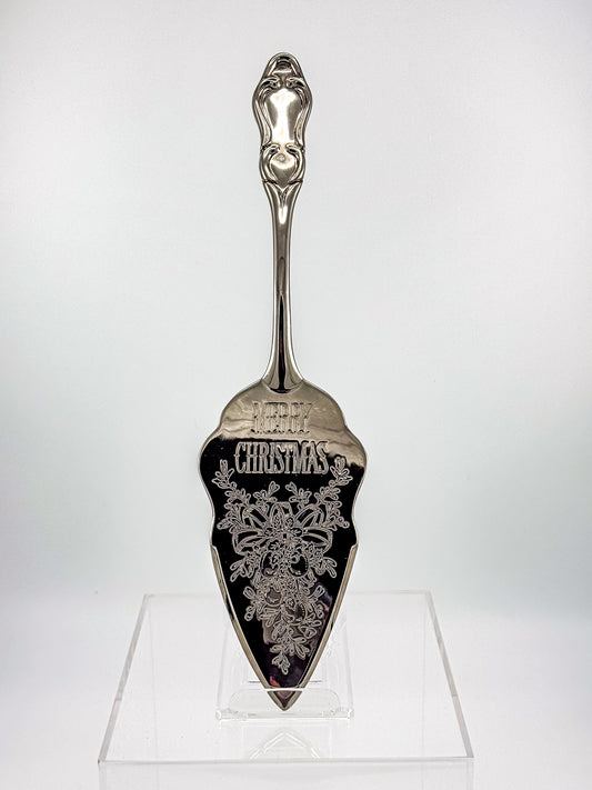 Vintage Silver-Plated Merry Christmas Pie Server with Engraved Holiday Bells and Rococo Handle