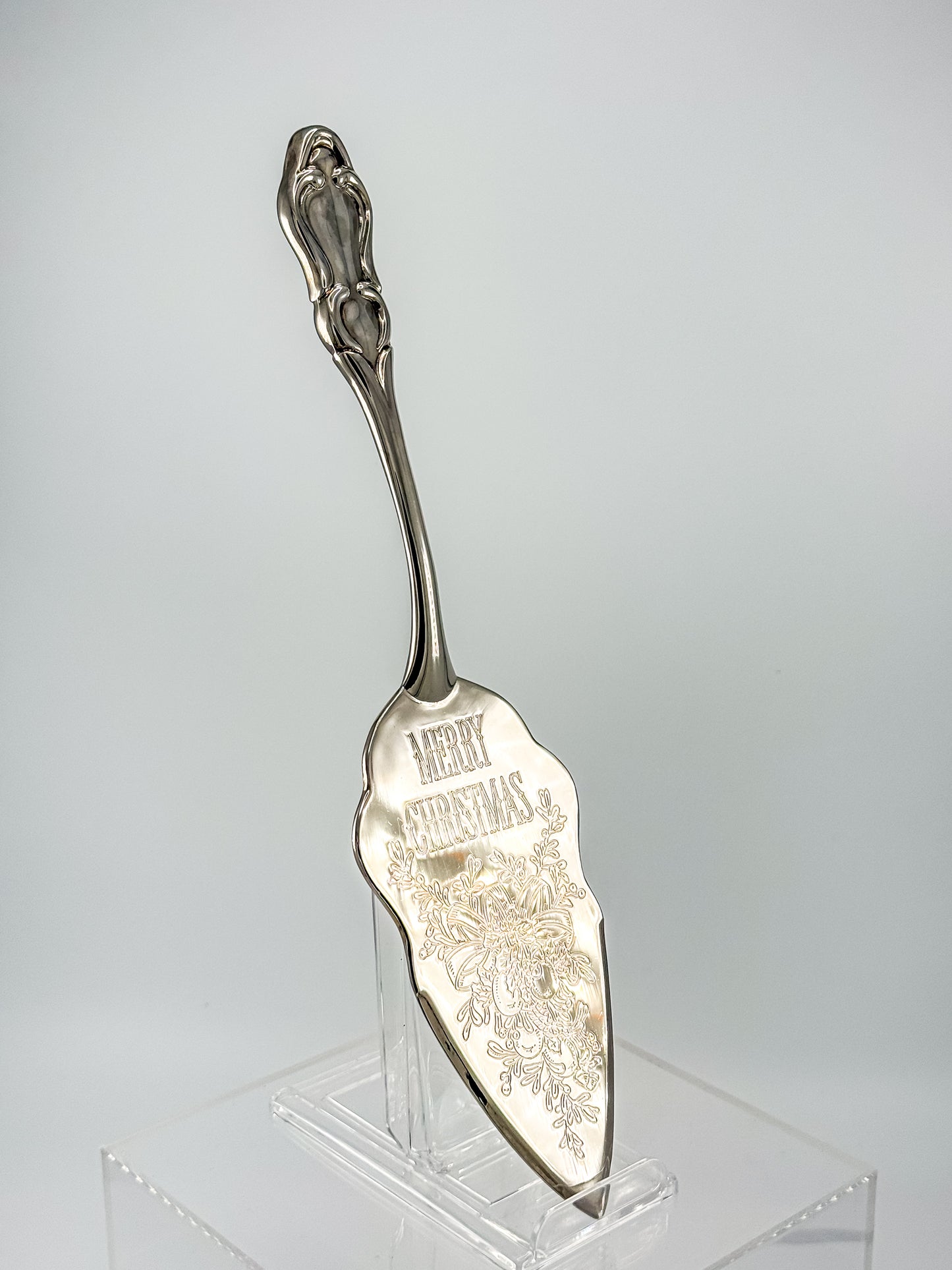 Vintage Silver-Plated Merry Christmas Pie Server with Engraved Holiday Bells and Rococo Handle