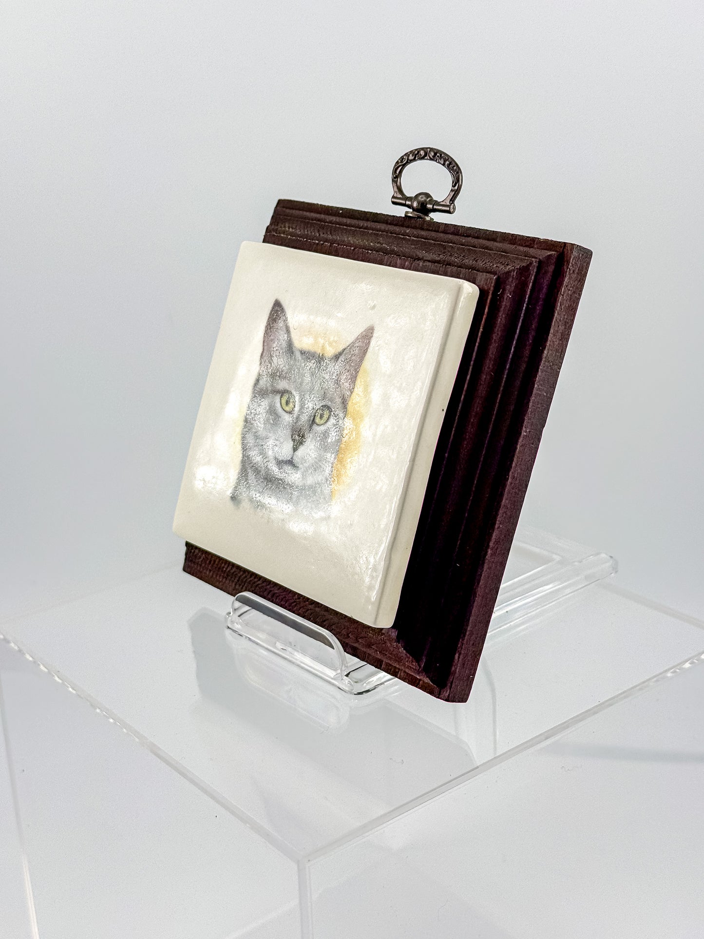 Vintage Gray Cat Portrait Ceramic Tile Wall Plaque in Dark Wood Frame, Holiday House Manitowoc WI