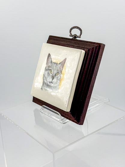 Vintage Gray Cat Portrait Ceramic Tile Wall Plaque in Dark Wood Frame, Holiday House Manitowoc WI