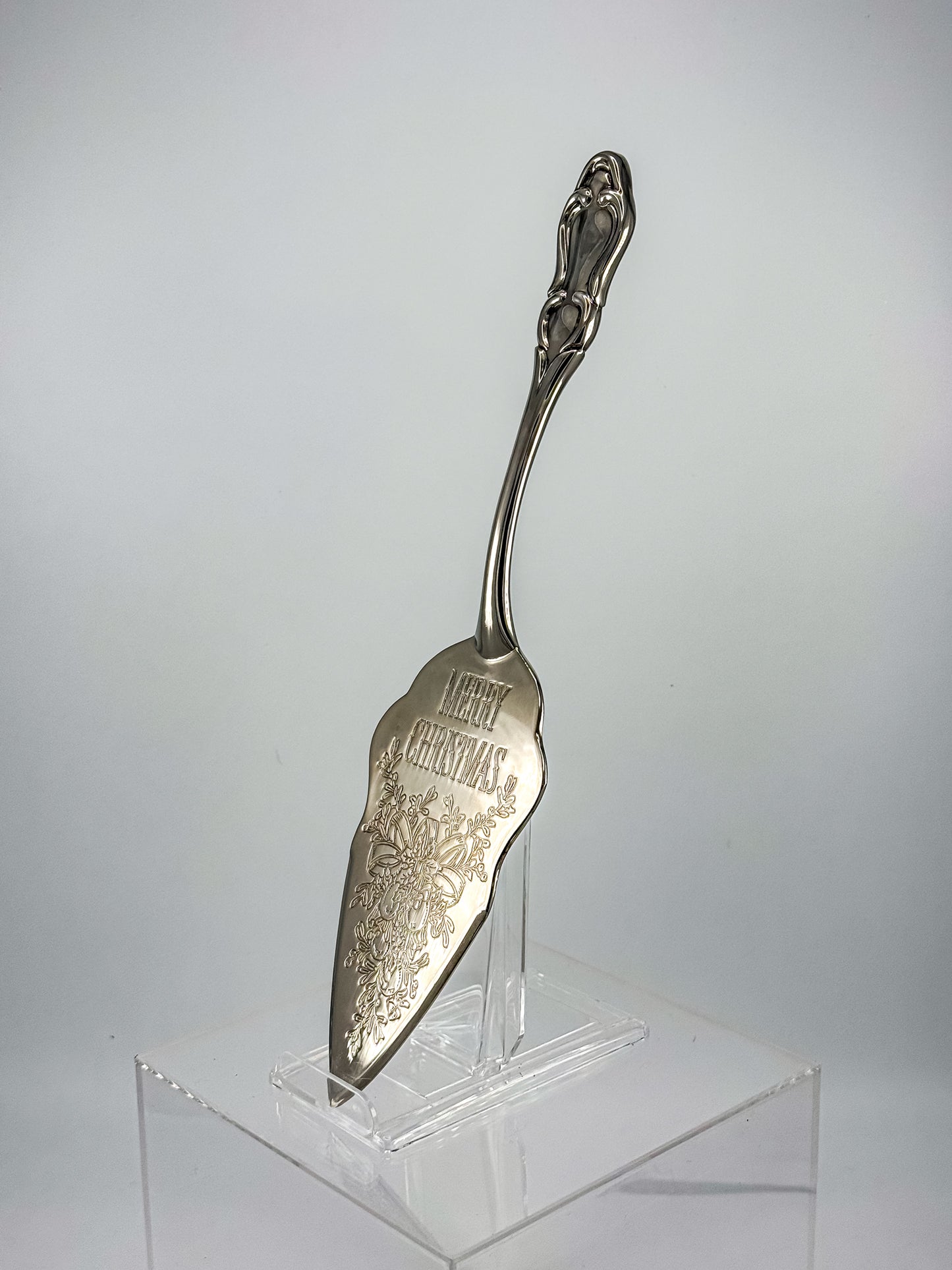 Vintage Silver-Plated Merry Christmas Pie Server with Engraved Holiday Bells and Rococo Handle