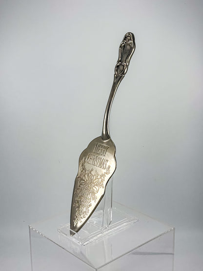 Vintage Silver-Plated Merry Christmas Pie Server with Engraved Holiday Bells and Rococo Handle