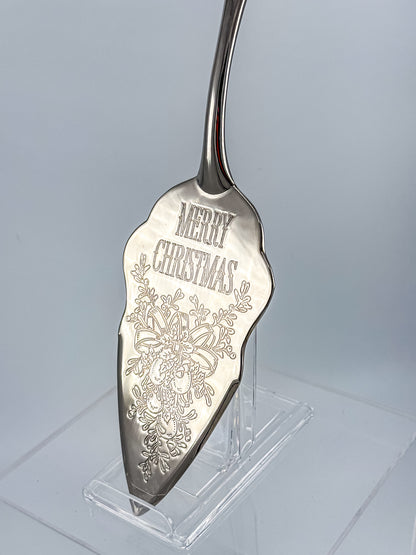 Vintage Silver-Plated Merry Christmas Pie Server with Engraved Holiday Bells and Rococo Handle
