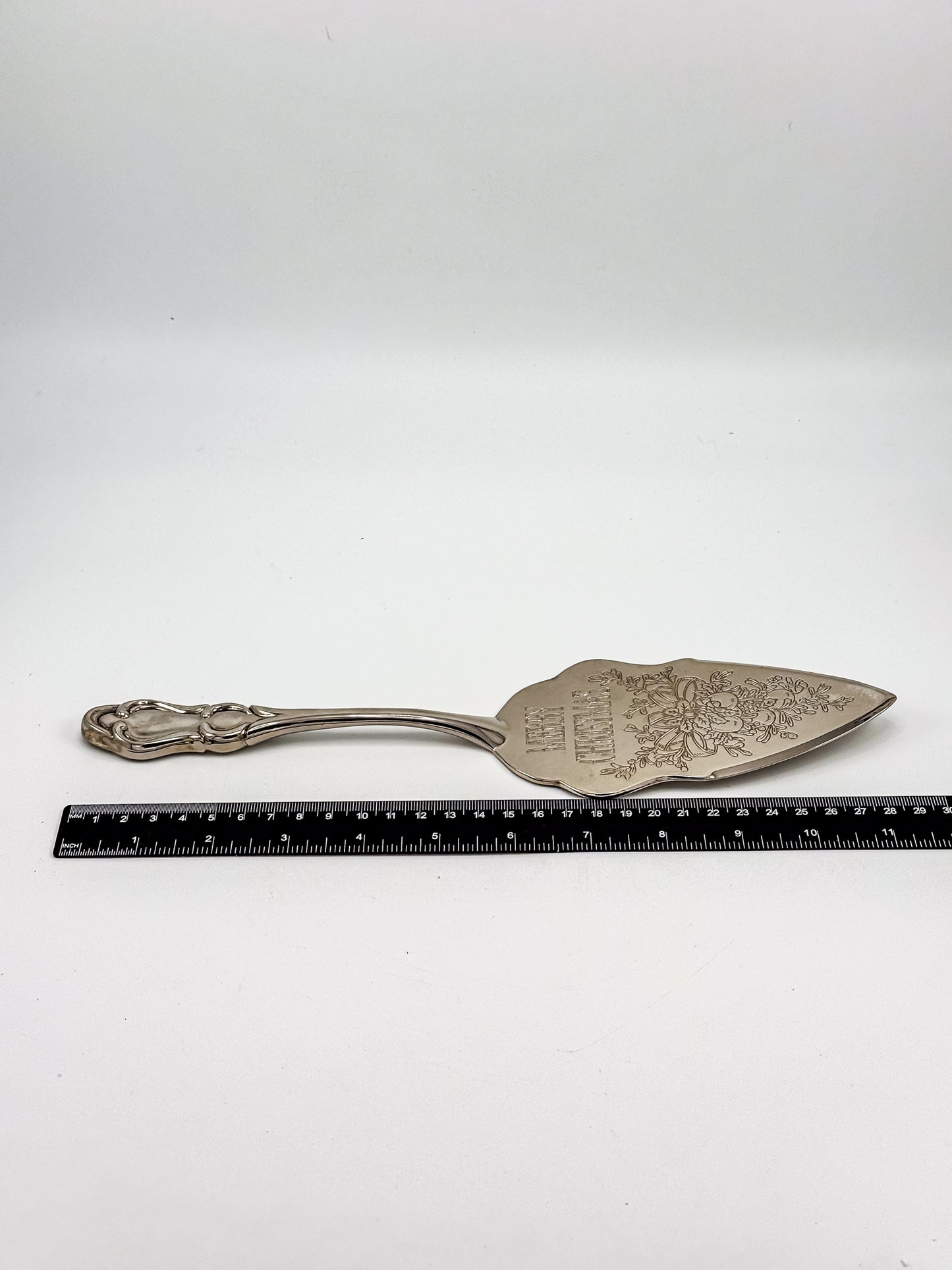Vintage Silver-Plated Merry Christmas Pie Server with Engraved Holiday Bells and Rococo Handle