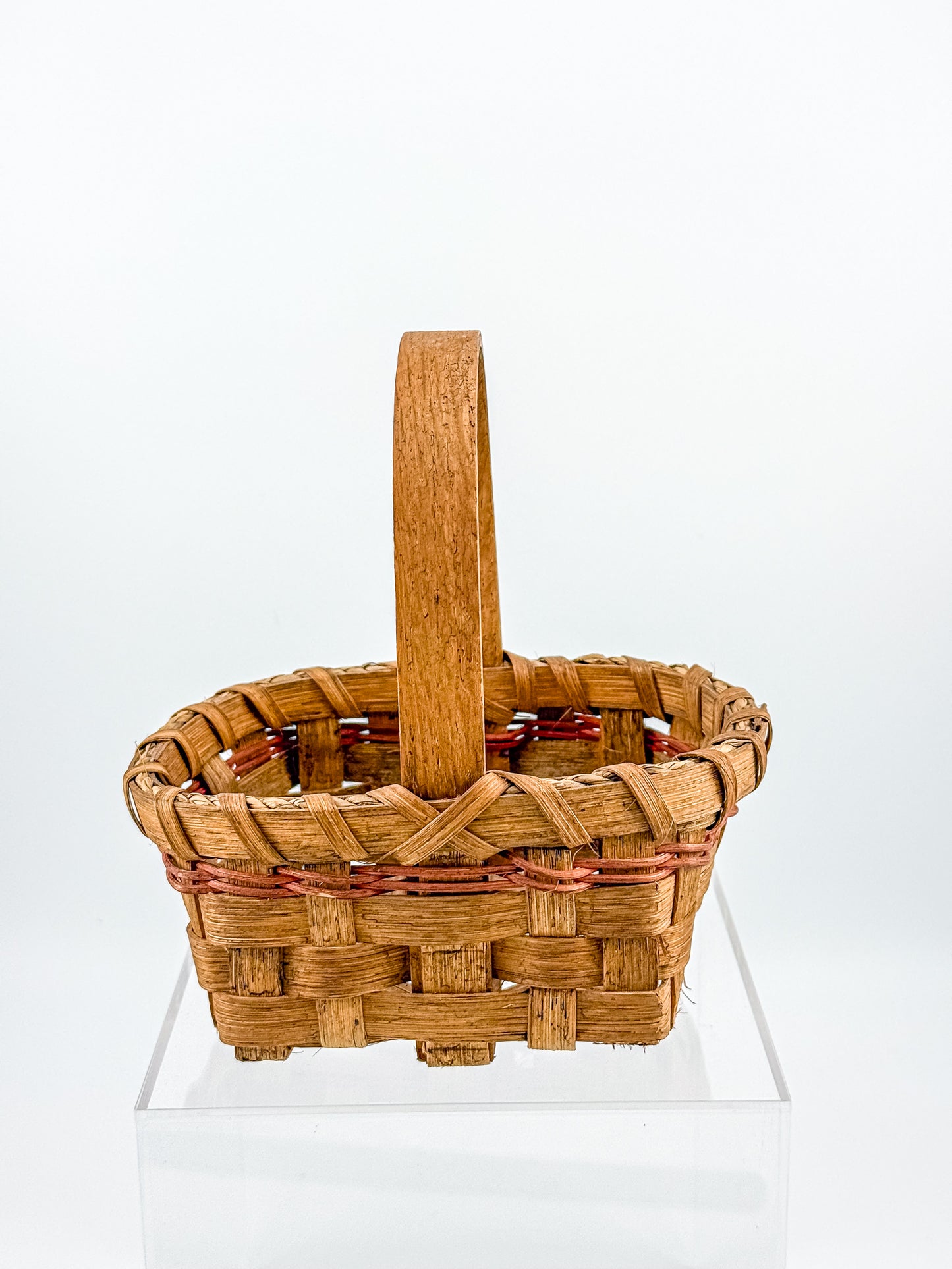 Early Vintage Primitive Hand-Woven Splint Basket with Bentwood Handle and Red Accent, Signed and Dated 1992