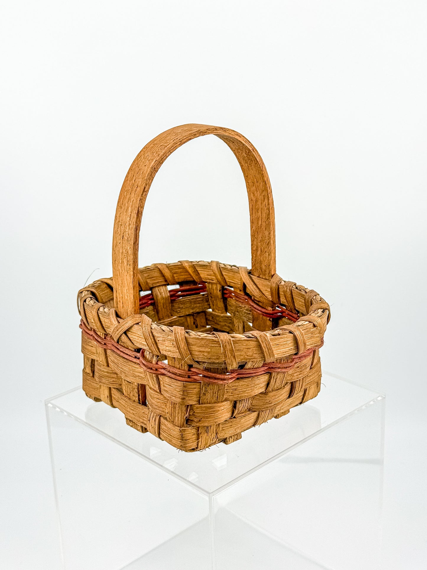Early Vintage Primitive Hand-Woven Splint Basket with Bentwood Handle and Red Accent, Signed and Dated 1992