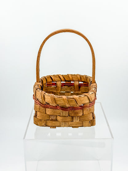 Early Vintage Primitive Hand-Woven Splint Basket with Bentwood Handle and Red Accent, Signed and Dated 1992