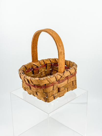 Early Vintage Primitive Hand-Woven Splint Basket with Bentwood Handle and Red Accent, Signed and Dated 1992