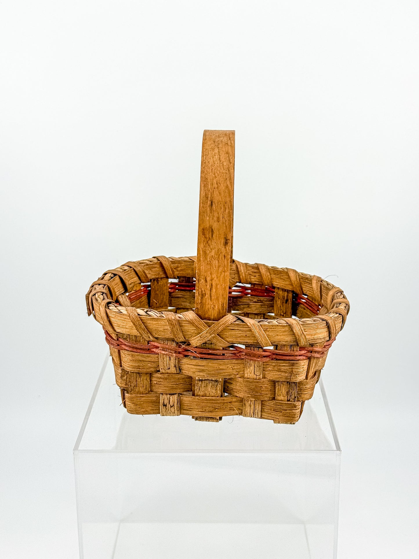 Early Vintage Primitive Hand-Woven Splint Basket with Bentwood Handle and Red Accent, Signed and Dated 1992
