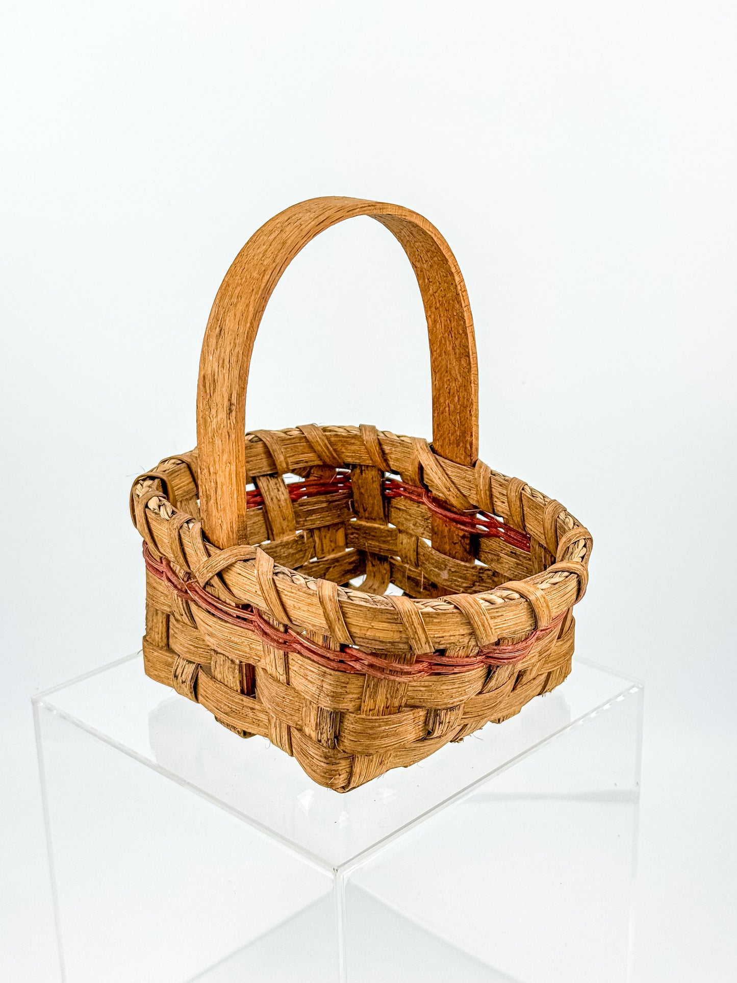 Early Vintage Primitive Hand-Woven Splint Basket with Bentwood Handle and Red Accent, Signed and Dated 1992
