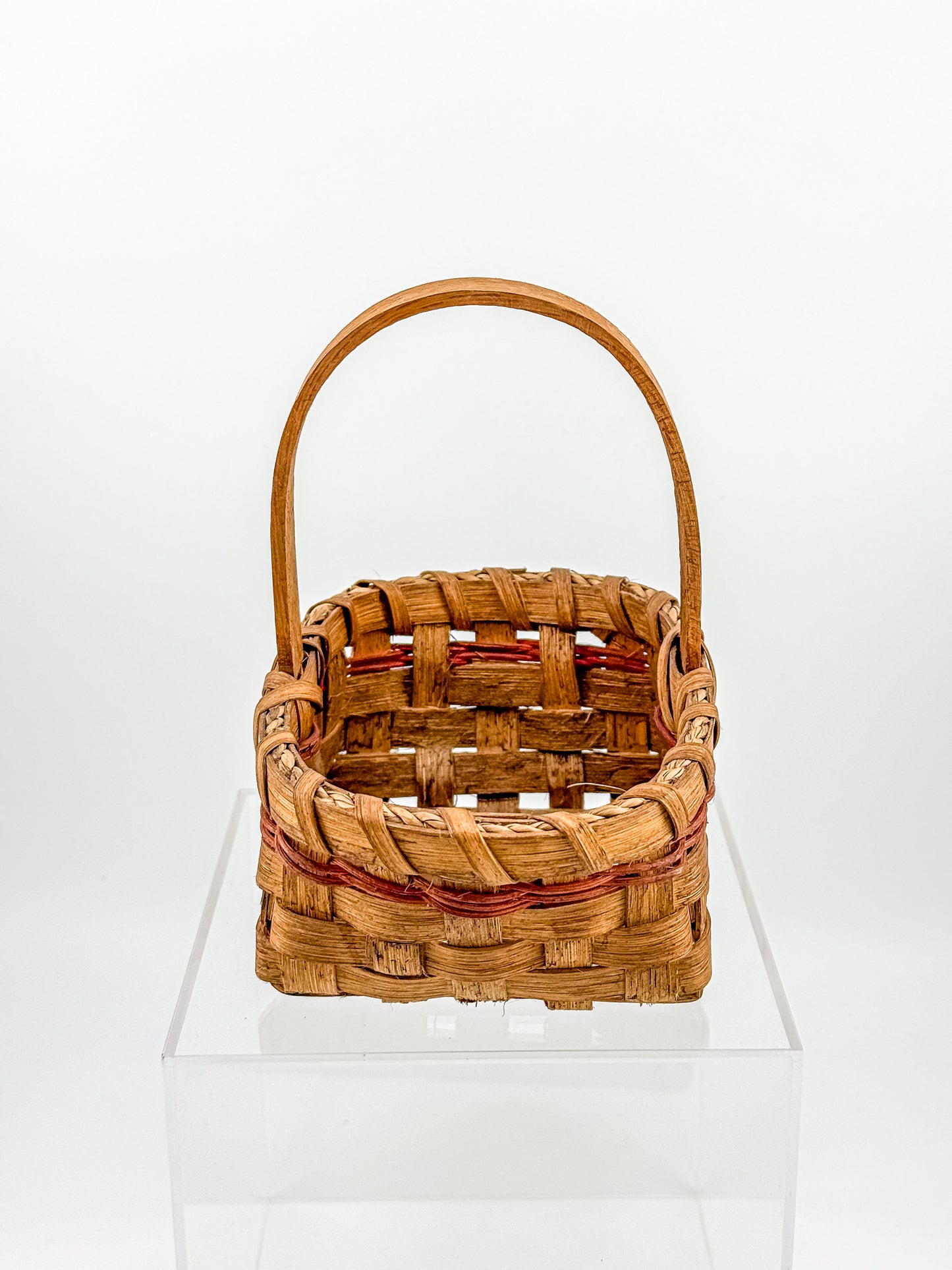 Early Vintage Primitive Hand-Woven Splint Basket with Bentwood Handle and Red Accent, Signed and Dated 1992