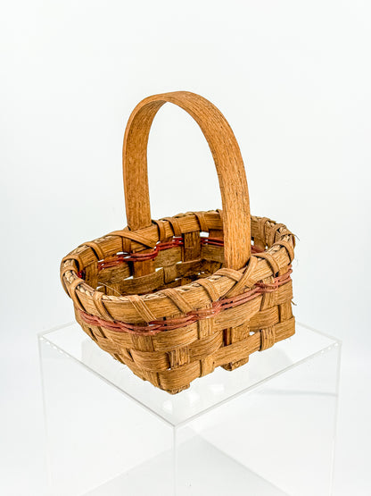 Early Vintage Primitive Hand-Woven Splint Basket with Bentwood Handle and Red Accent, Signed and Dated 1992