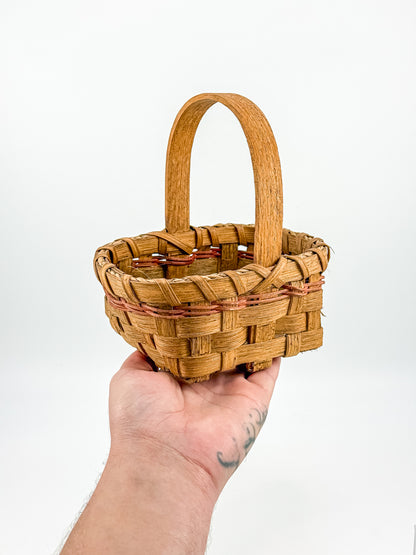 Early Vintage Primitive Hand-Woven Splint Basket with Bentwood Handle and Red Accent, Signed and Dated 1992
