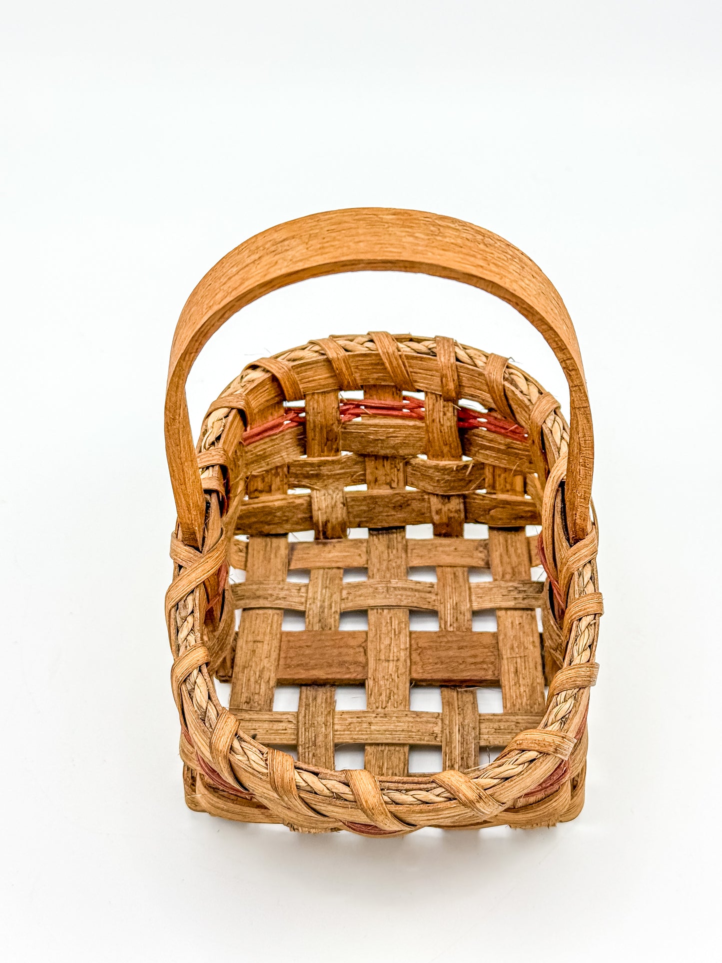 Early Vintage Primitive Hand-Woven Splint Basket with Bentwood Handle and Red Accent, Signed and Dated 1992