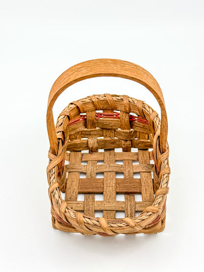 Early Vintage Primitive Hand-Woven Splint Basket with Bentwood Handle and Red Accent, Signed and Dated 1992