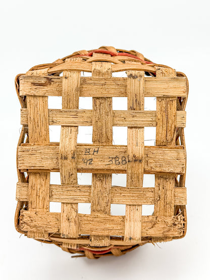 Early Vintage Primitive Hand-Woven Splint Basket with Bentwood Handle and Red Accent, Signed and Dated 1992