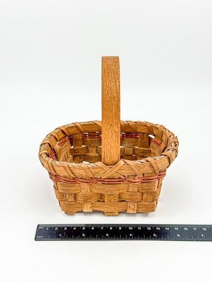 Early Vintage Primitive Hand-Woven Splint Basket with Bentwood Handle and Red Accent, Signed and Dated 1992