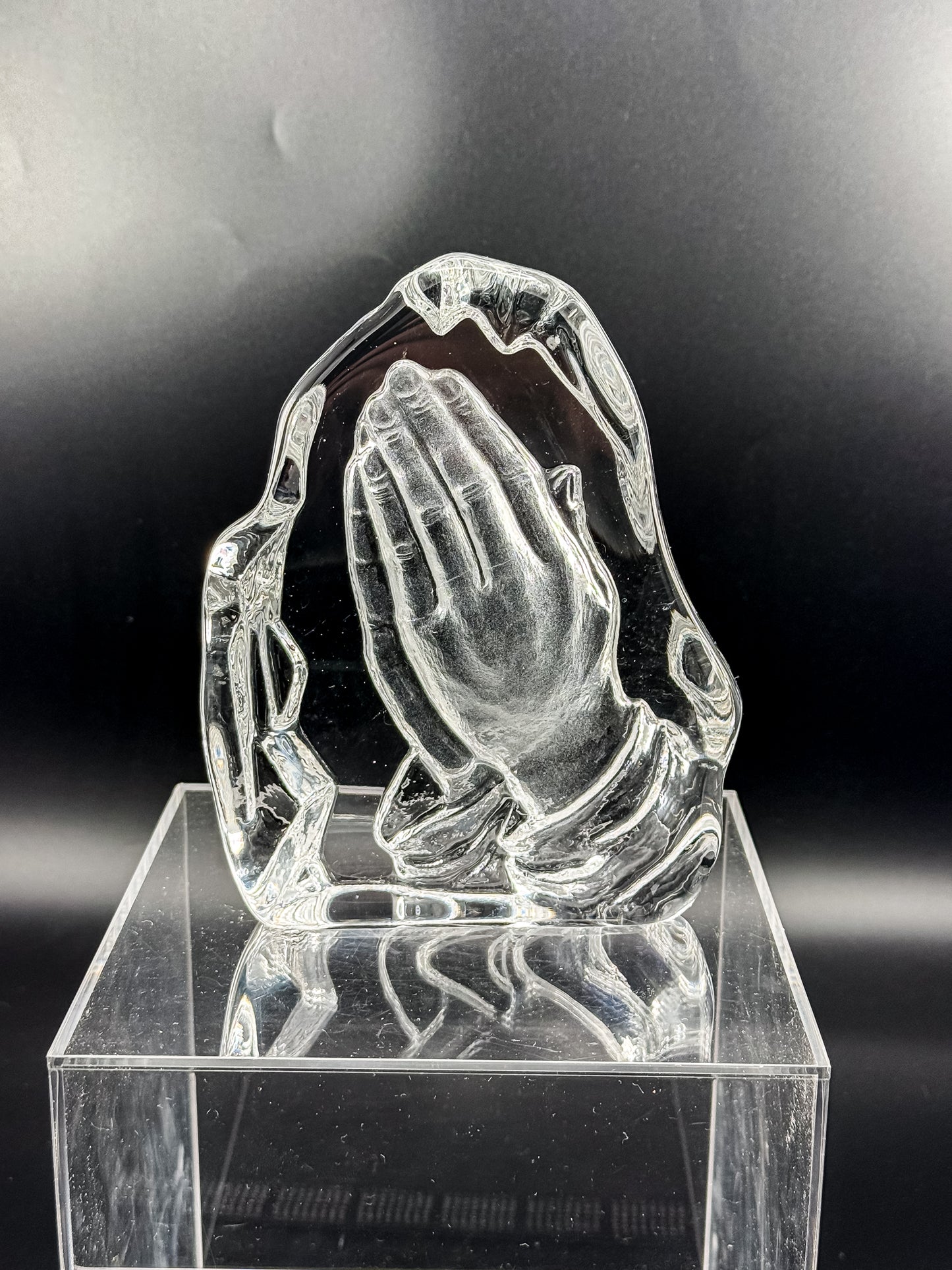 Vintage Lead Crystal Praying Hands Paperweight Sculpture with Free-Form Natural Edge