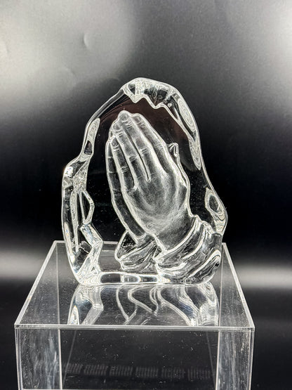 Vintage Lead Crystal Praying Hands Paperweight Sculpture with Free-Form Natural Edge