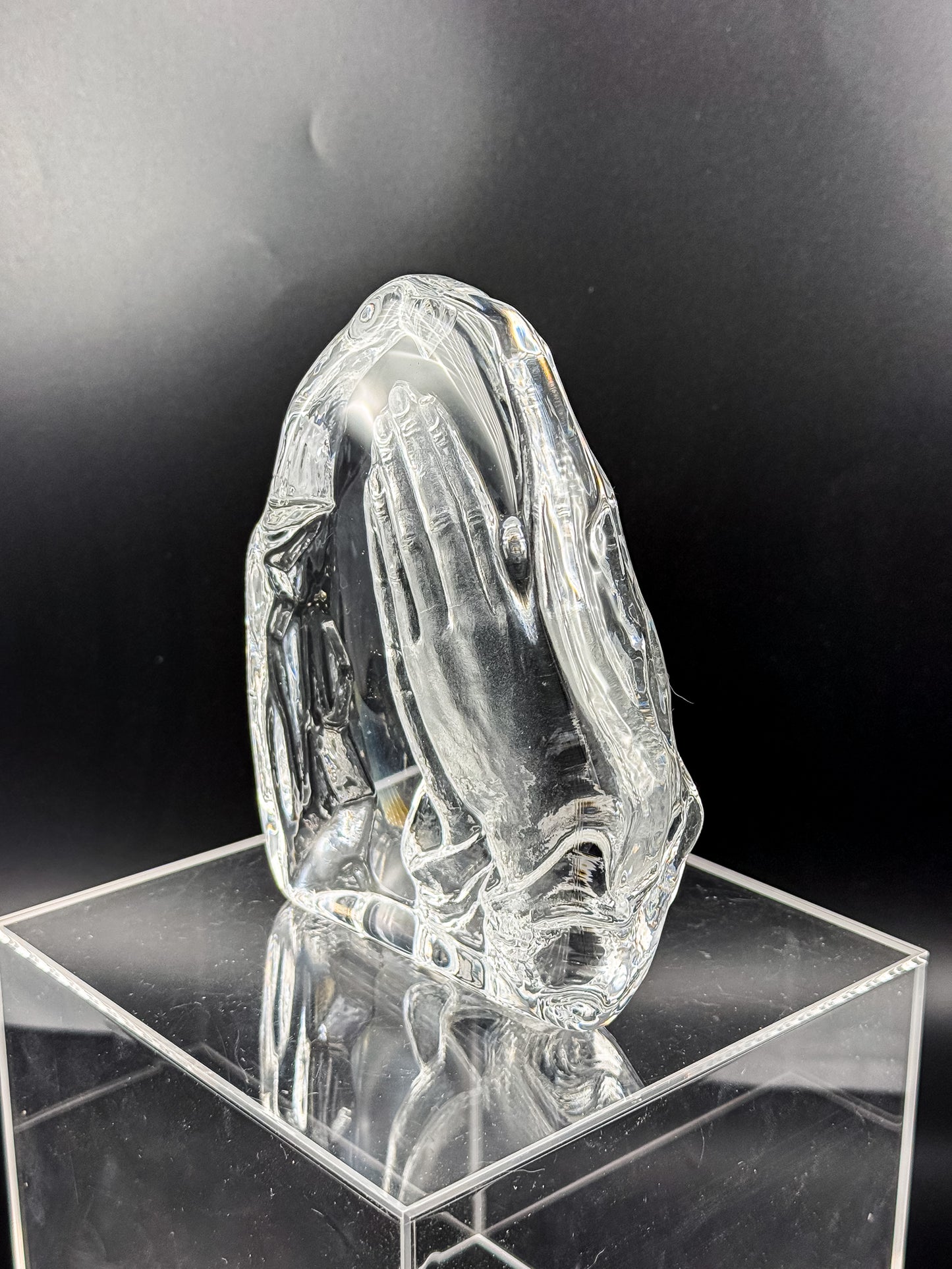 Vintage Lead Crystal Praying Hands Paperweight Sculpture with Free-Form Natural Edge