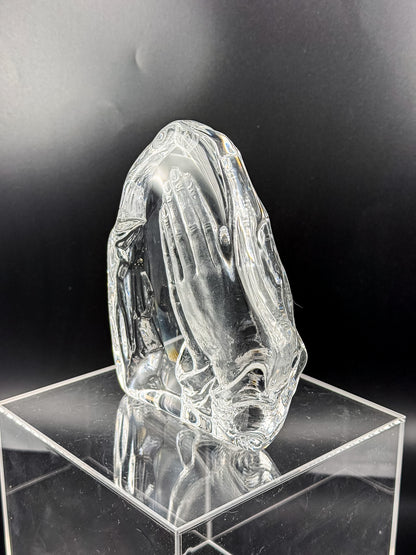 Vintage Lead Crystal Praying Hands Paperweight Sculpture with Free-Form Natural Edge
