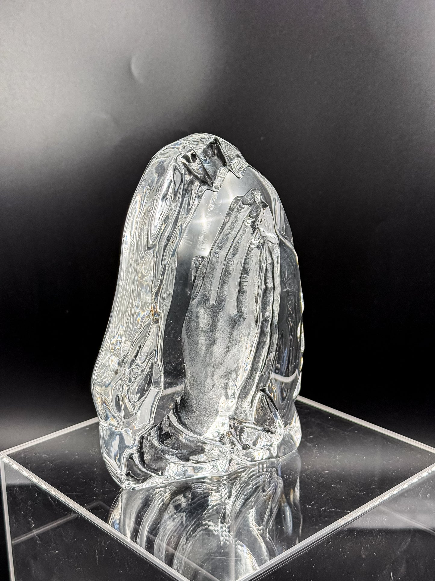 Vintage Lead Crystal Praying Hands Paperweight Sculpture with Free-Form Natural Edge
