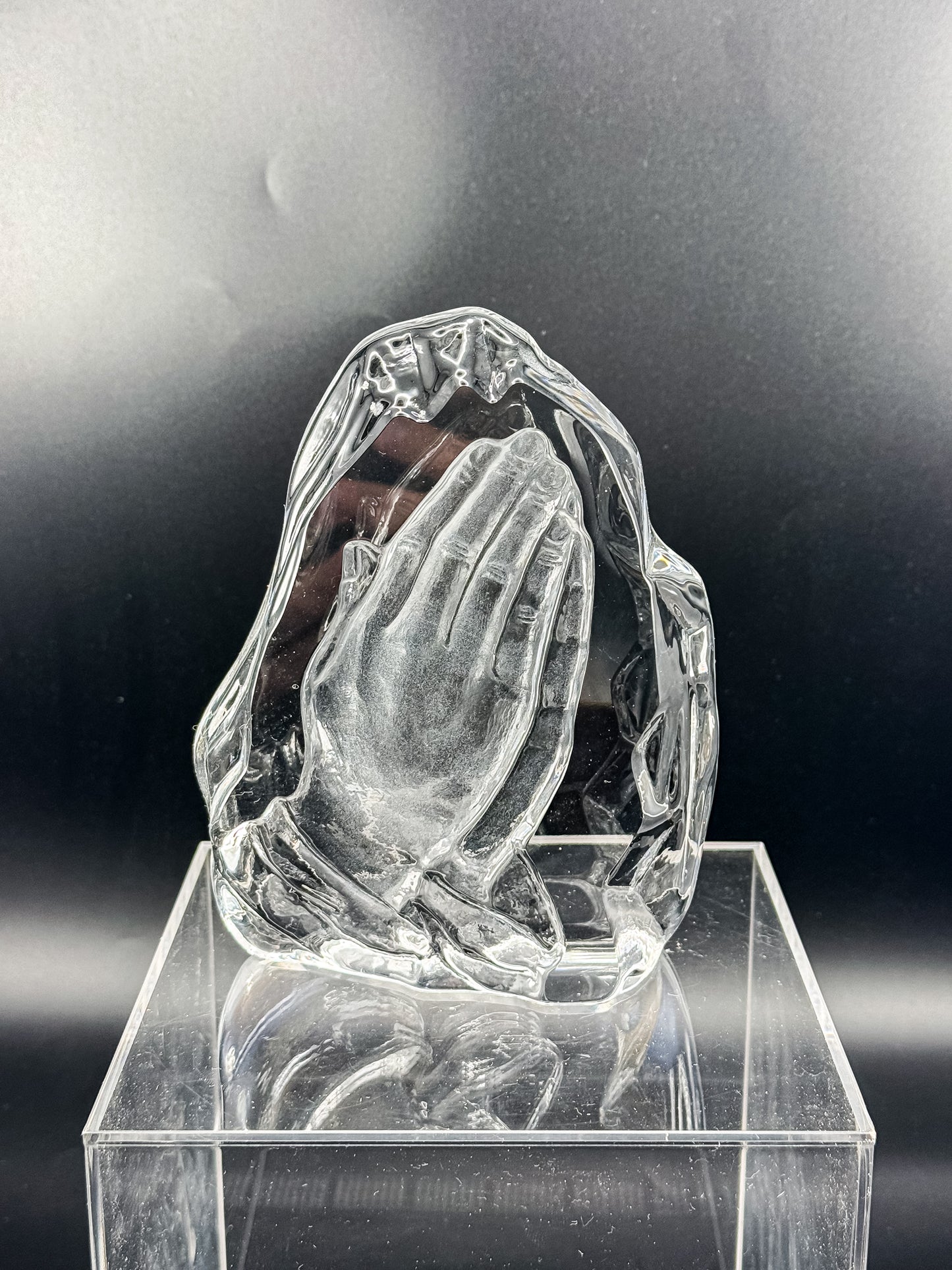 Vintage Lead Crystal Praying Hands Paperweight Sculpture with Free-Form Natural Edge
