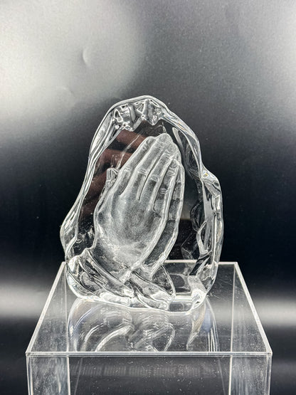 Vintage Lead Crystal Praying Hands Paperweight Sculpture with Free-Form Natural Edge