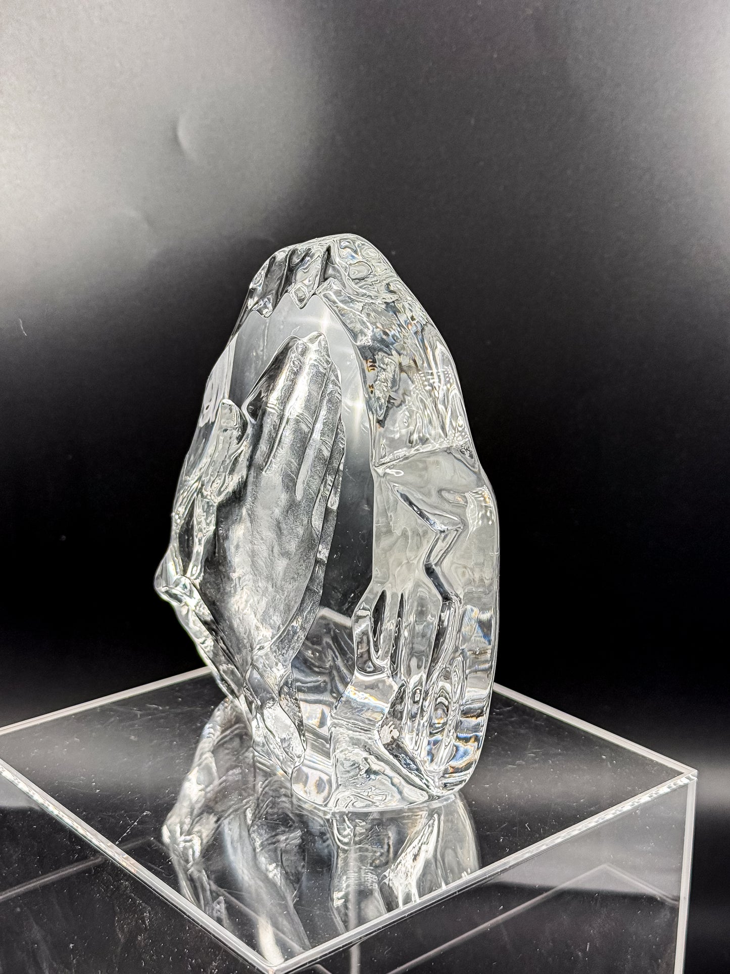 Vintage Lead Crystal Praying Hands Paperweight Sculpture with Free-Form Natural Edge