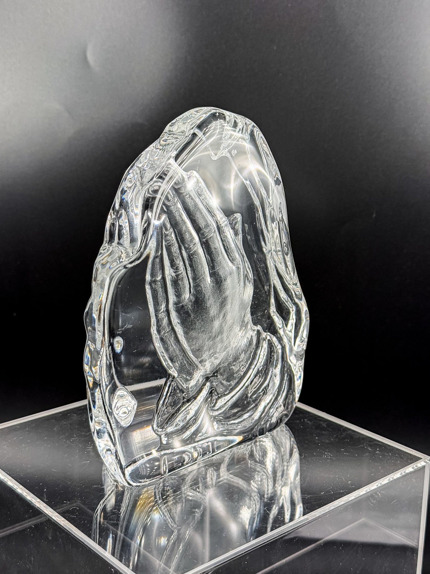 Vintage Lead Crystal Praying Hands Paperweight Sculpture with Free-Form Natural Edge