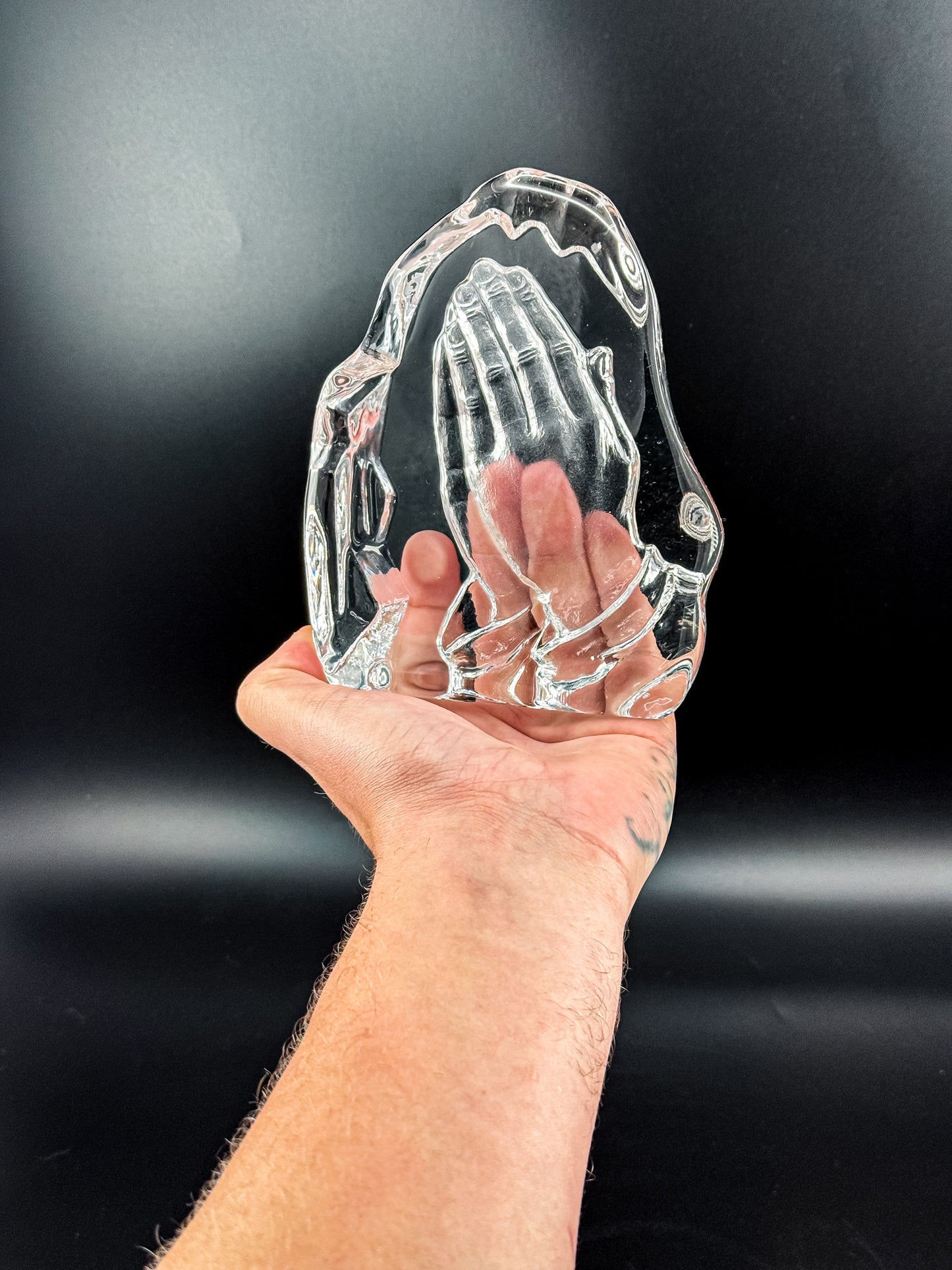 Vintage Lead Crystal Praying Hands Paperweight Sculpture with Free-Form Natural Edge