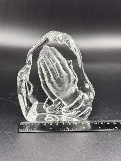 Vintage Lead Crystal Praying Hands Paperweight Sculpture with Free-Form Natural Edge