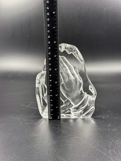 Vintage Lead Crystal Praying Hands Paperweight Sculpture with Free-Form Natural Edge