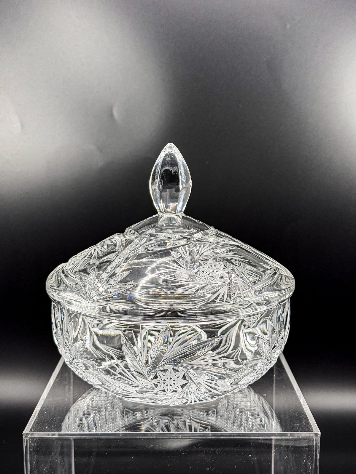 Vintage Bohemian Czech Hand-Cut Crystal Lidded Candy Dish with Pinwheel and Fan Pattern
