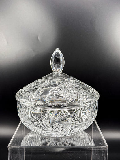 Vintage Bohemian Czech Hand-Cut Crystal Lidded Candy Dish with Pinwheel and Fan Pattern