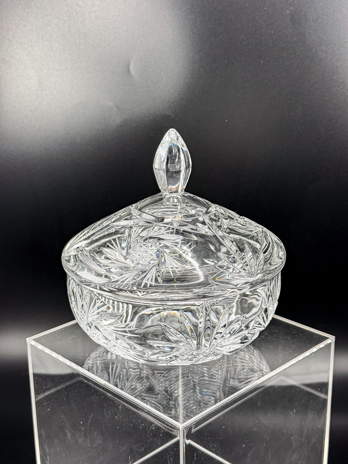 Vintage Bohemian Czech Hand-Cut Crystal Lidded Candy Dish with Pinwheel and Fan Pattern