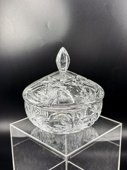 Vintage Bohemian Czech Hand-Cut Crystal Lidded Candy Dish with Pinwheel and Fan Pattern