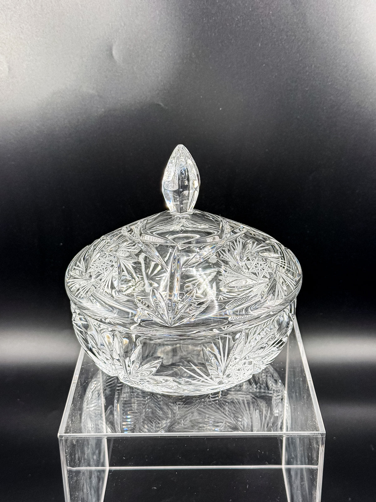 Vintage Bohemian Czech Hand-Cut Crystal Lidded Candy Dish with Pinwheel and Fan Pattern