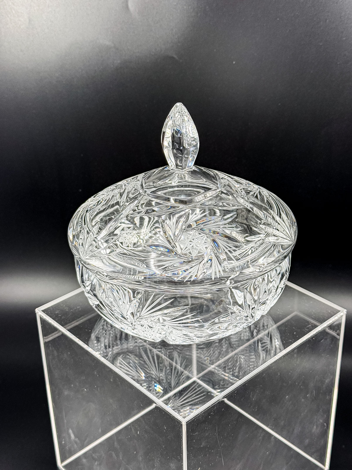 Vintage Bohemian Czech Hand-Cut Crystal Lidded Candy Dish with Pinwheel and Fan Pattern