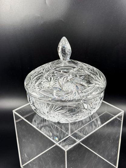 Vintage Bohemian Czech Hand-Cut Crystal Lidded Candy Dish with Pinwheel and Fan Pattern