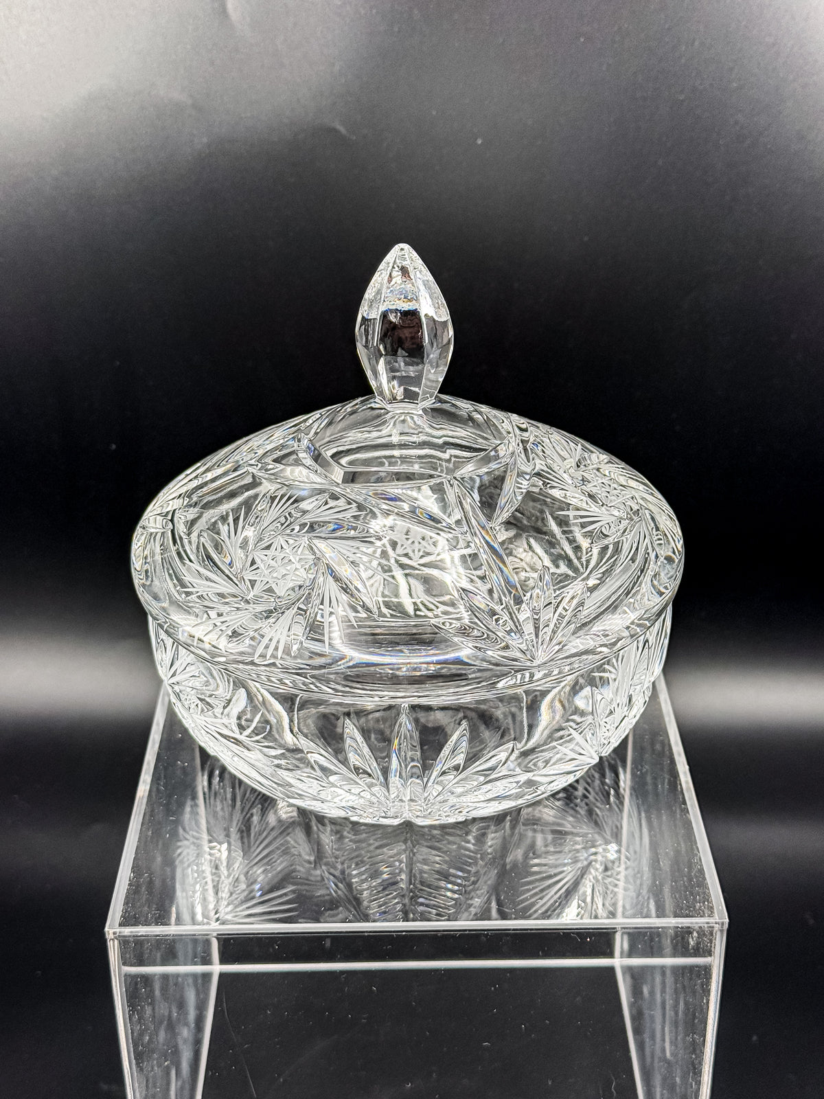 Vintage Bohemian Czech Hand-Cut Crystal Lidded Candy Dish with Pinwheel and Fan Pattern